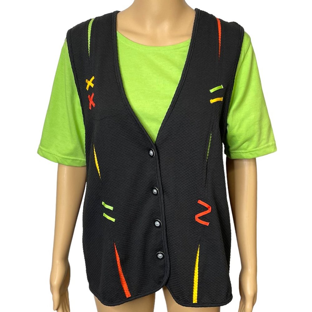 RARE Vintage Blast Petites Women's M PM 1-Piece Green Black Blouse Vest Combo